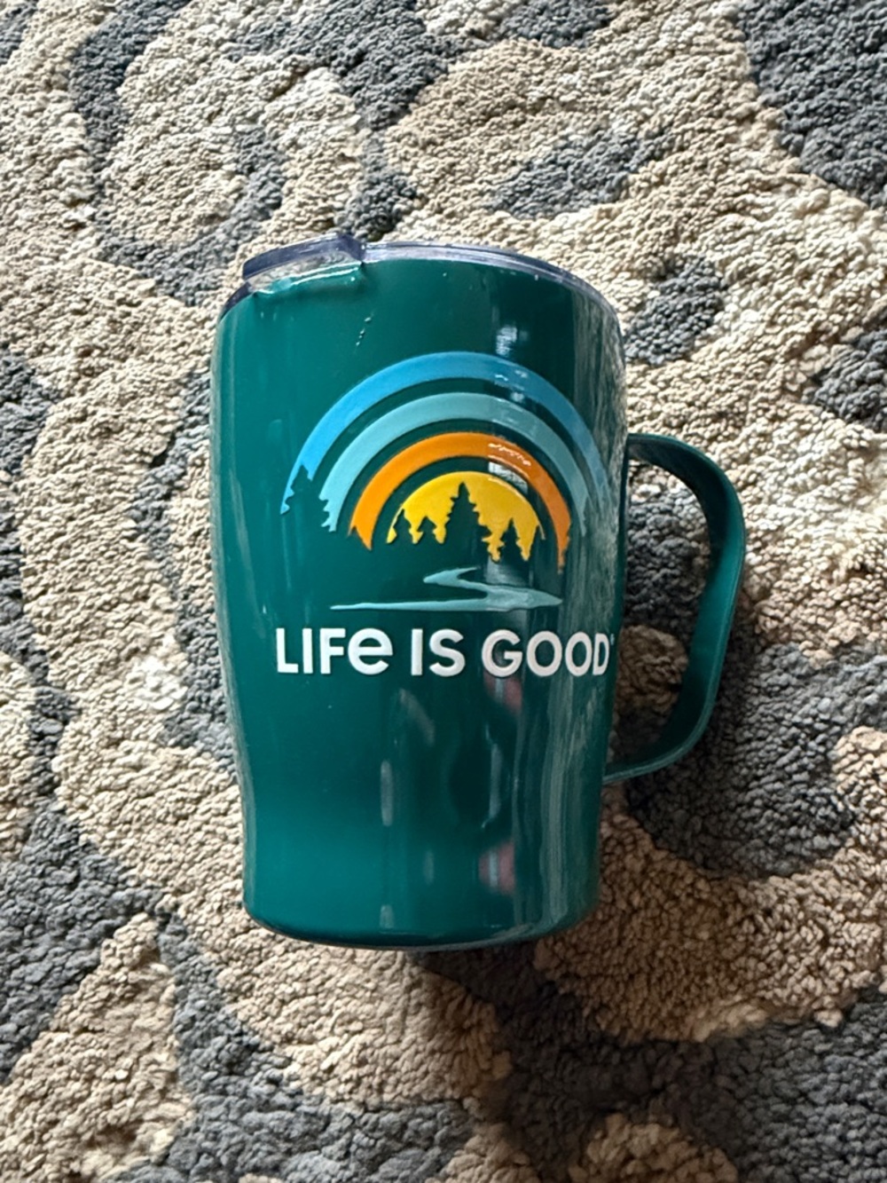 Life Is Good Teal Camping Graphic Travel Mug with Handle
